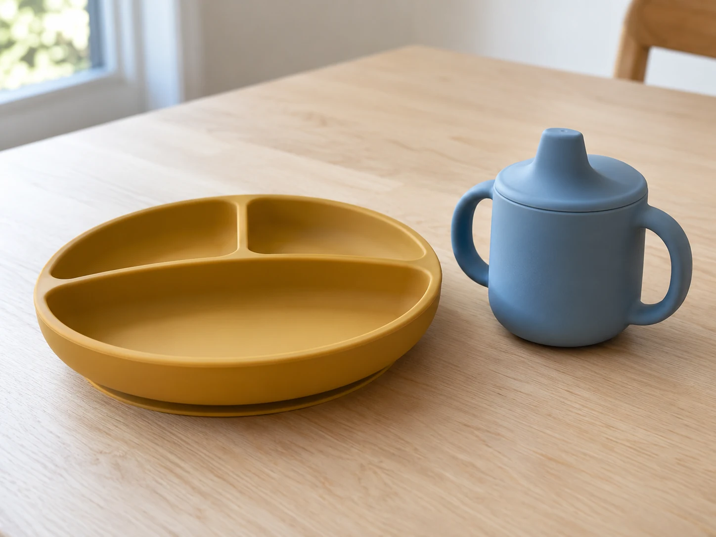 Ochre divided silicone plate and blue handled training cup on a wooden table