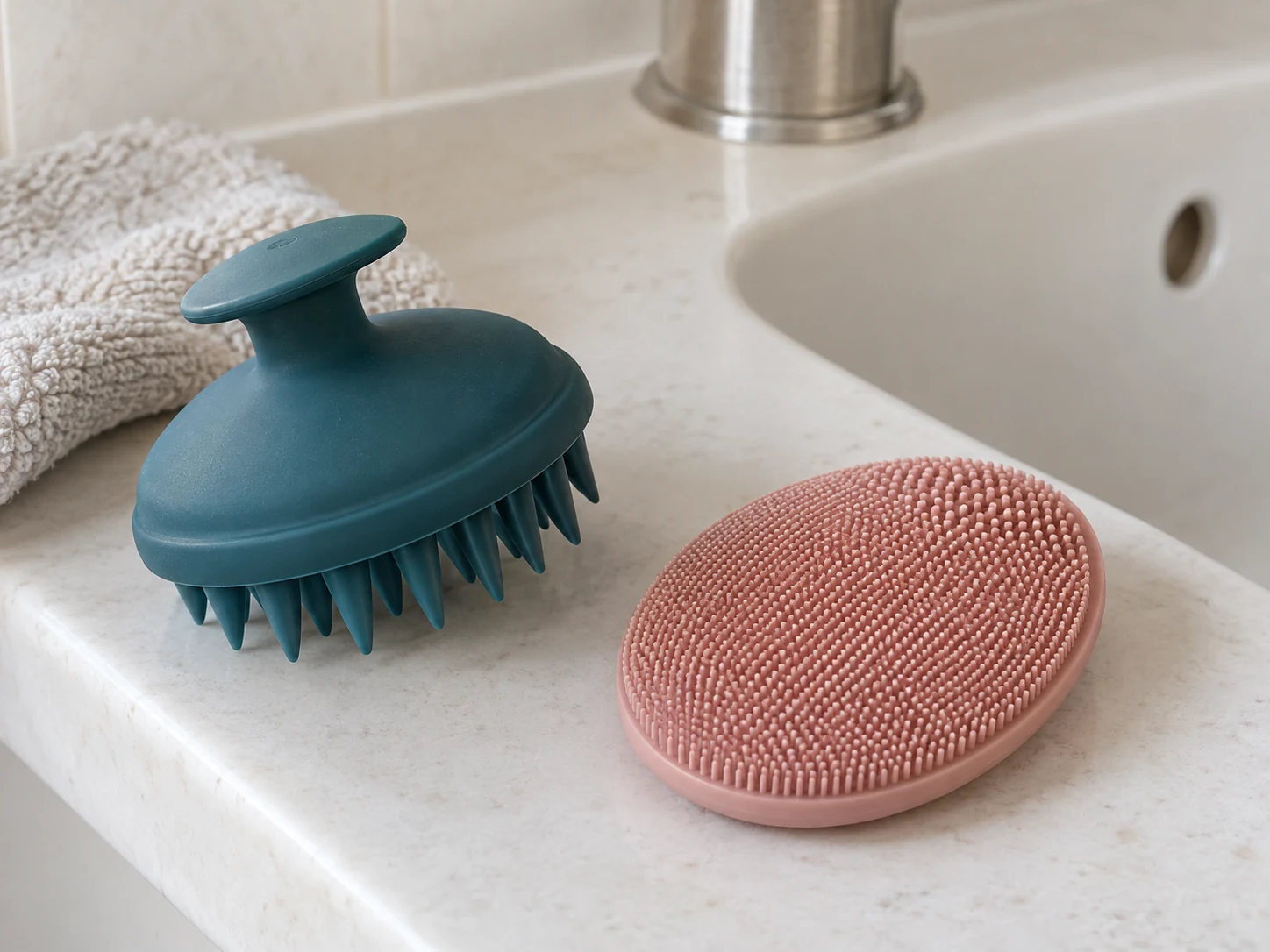 Teal silicone scalp brush and rose cleansing pad beside a sink