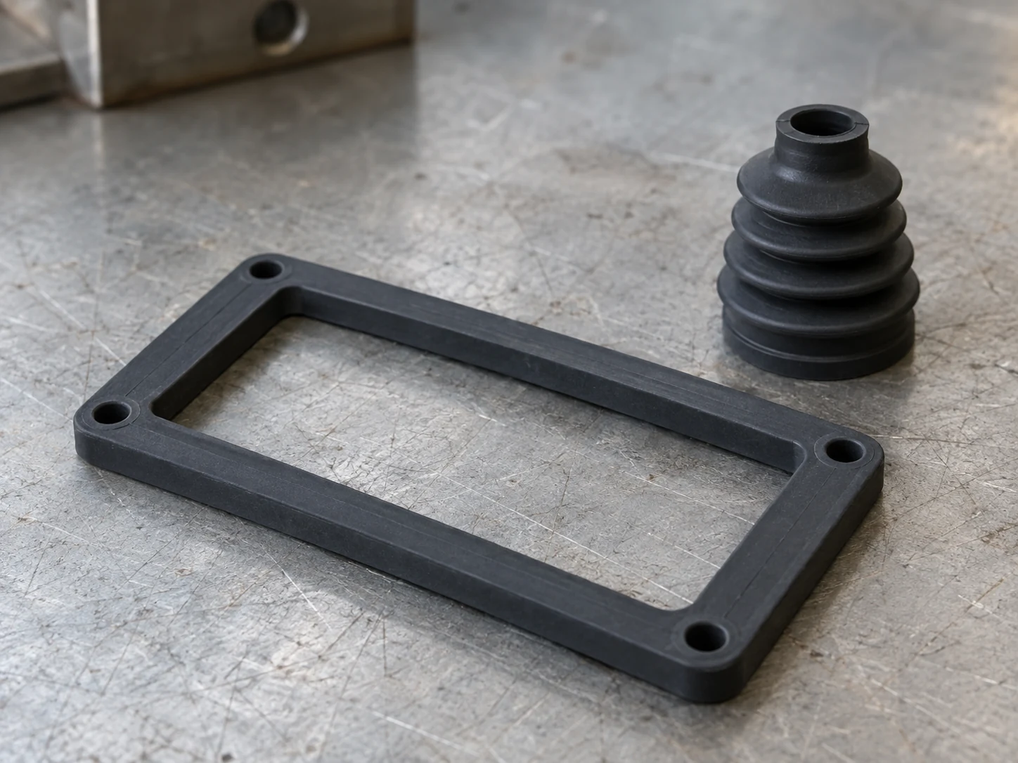 Dark silicone frame gasket and bellows boot on a metal workbench
