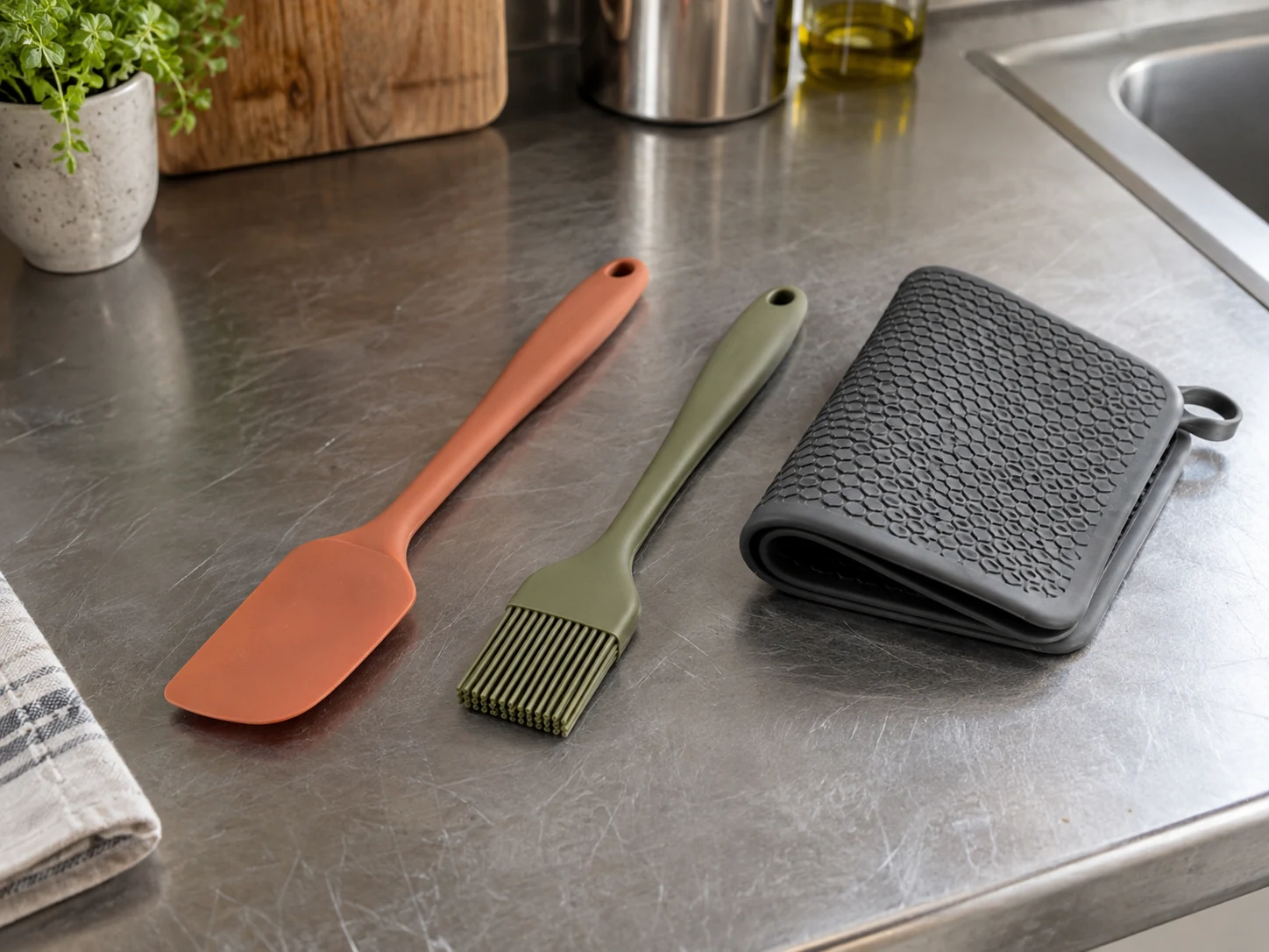 Terracotta silicone spatula, olive pastry brush and charcoal pot holder on a kitchen counter