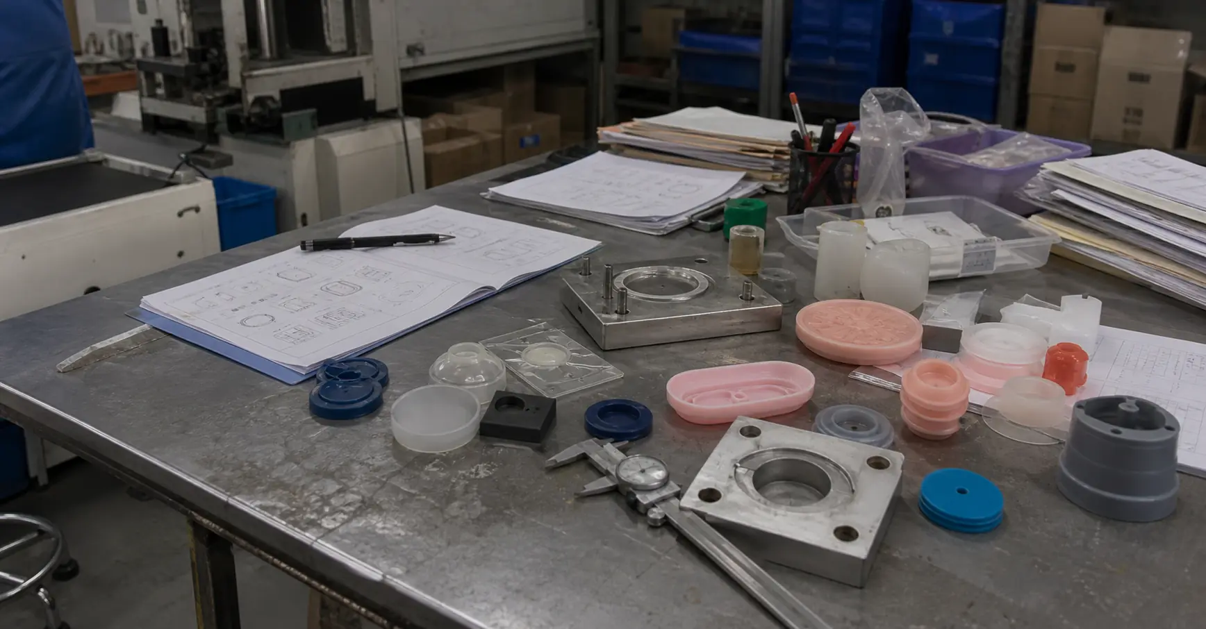 silicone factory blog worktable with samples and QC tools