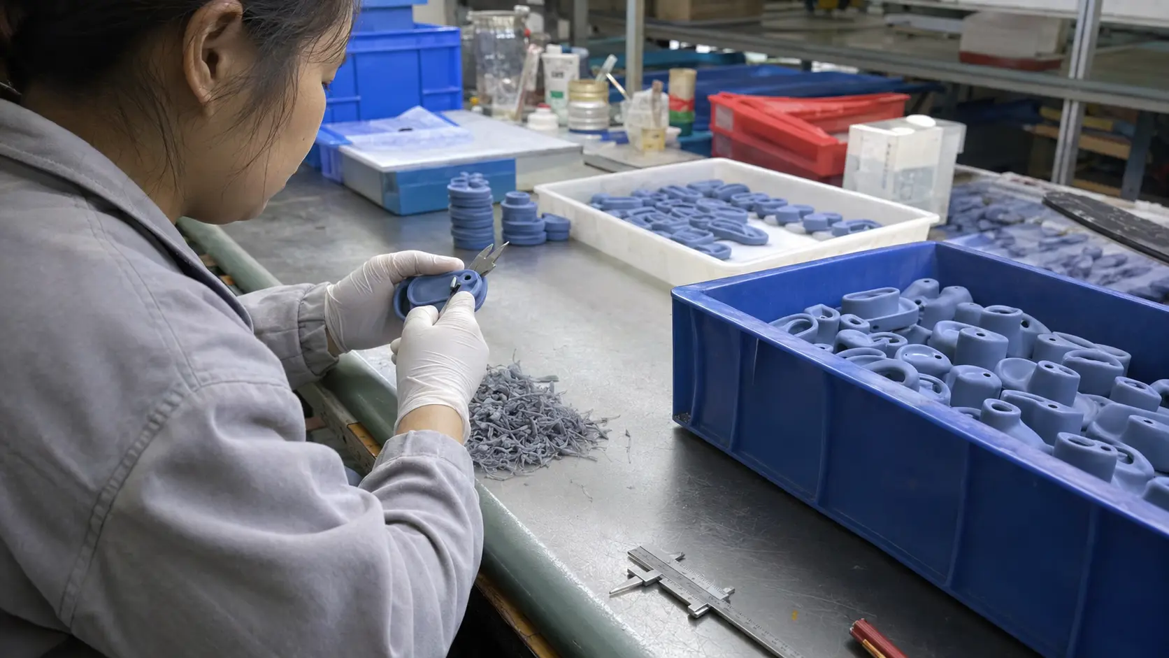 Worker trims molded silicone parts at a finishing station