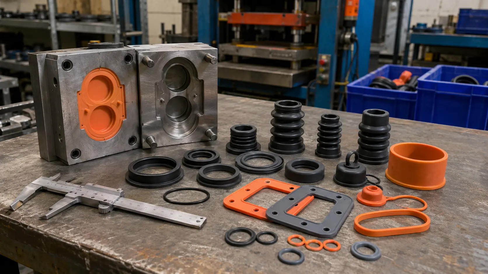 industrial silicone components and tooling in factory