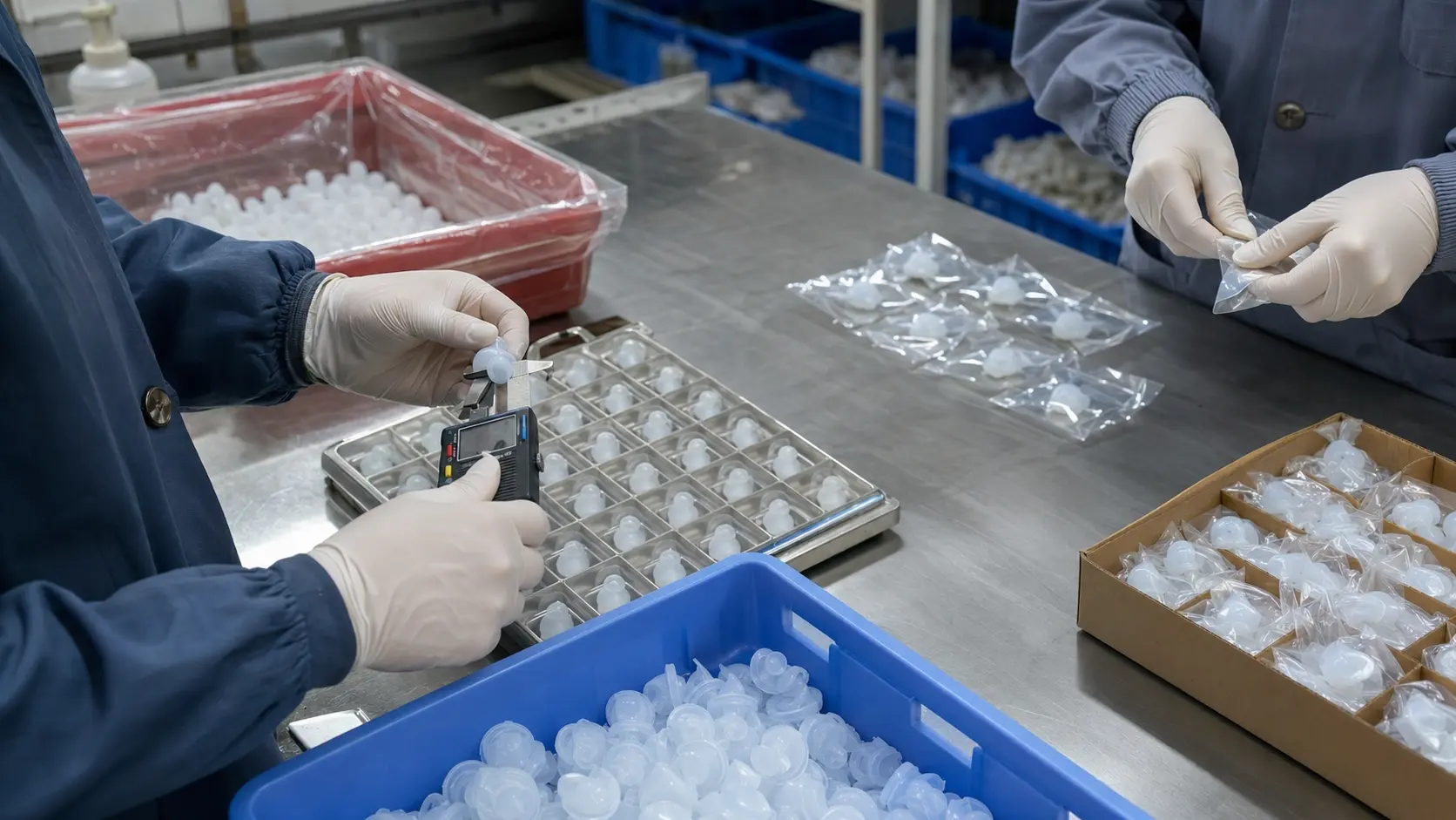 Workers inspect and pack molded silicone components
